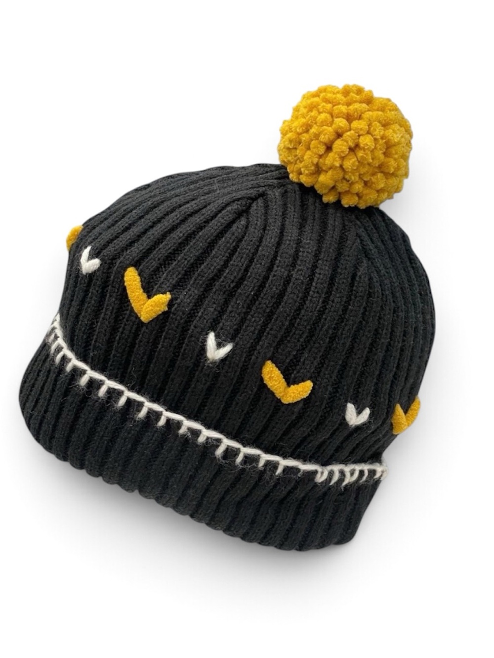 Black Knit Beanie with Gold & White Hearts
